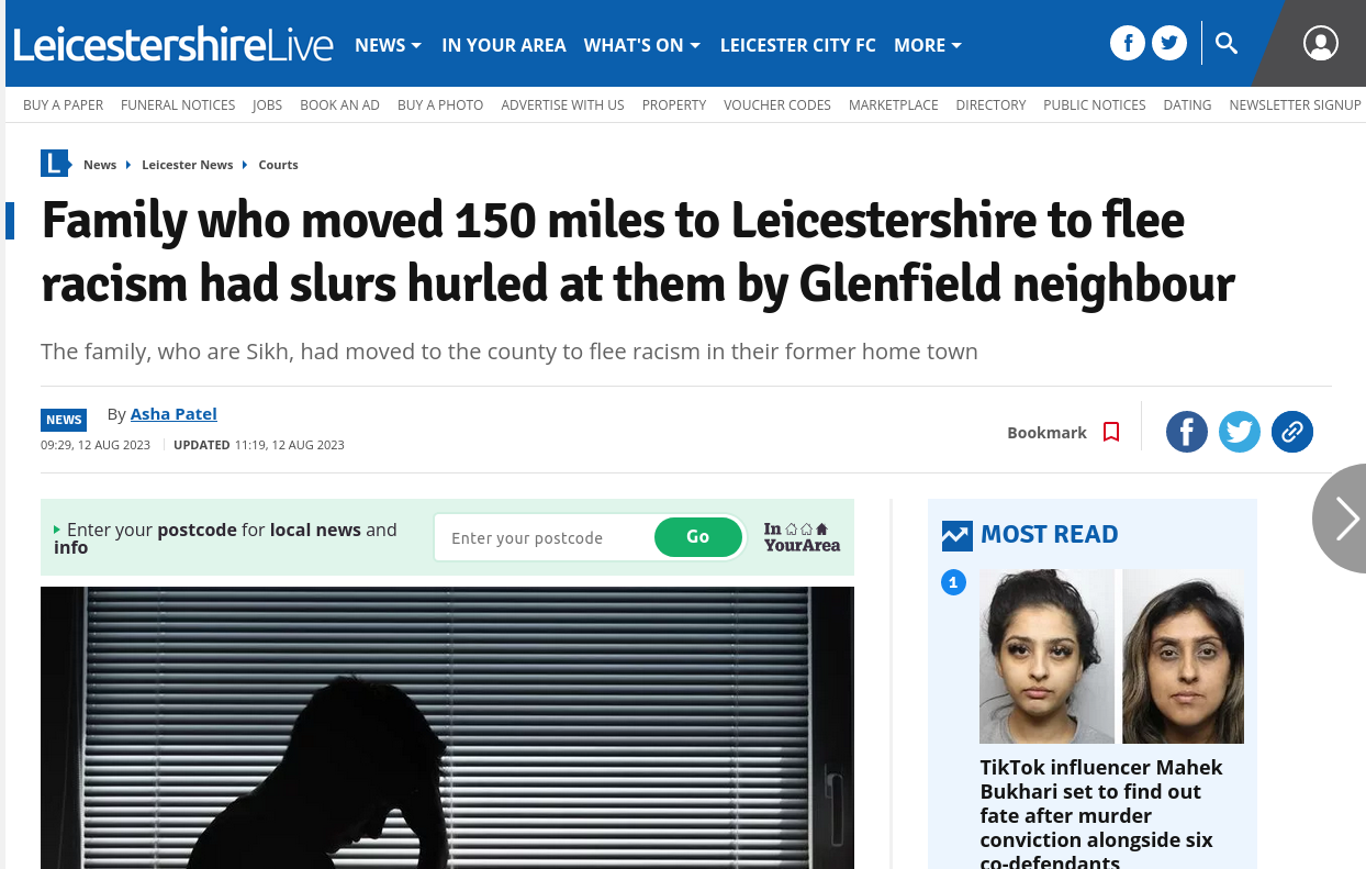 A screenshot of the Leicester Mercury website with a story titled "Family who moved 150 miles to Leicestershire to flee racism had slurs hurled at them by Glenfield neighbour"