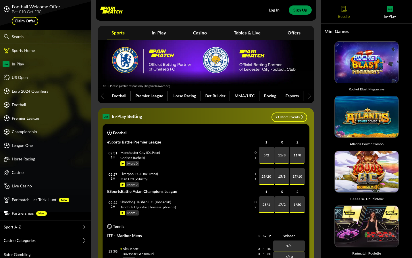 Parimatch's website which states they are an "Official Betting Partner" of LCFC