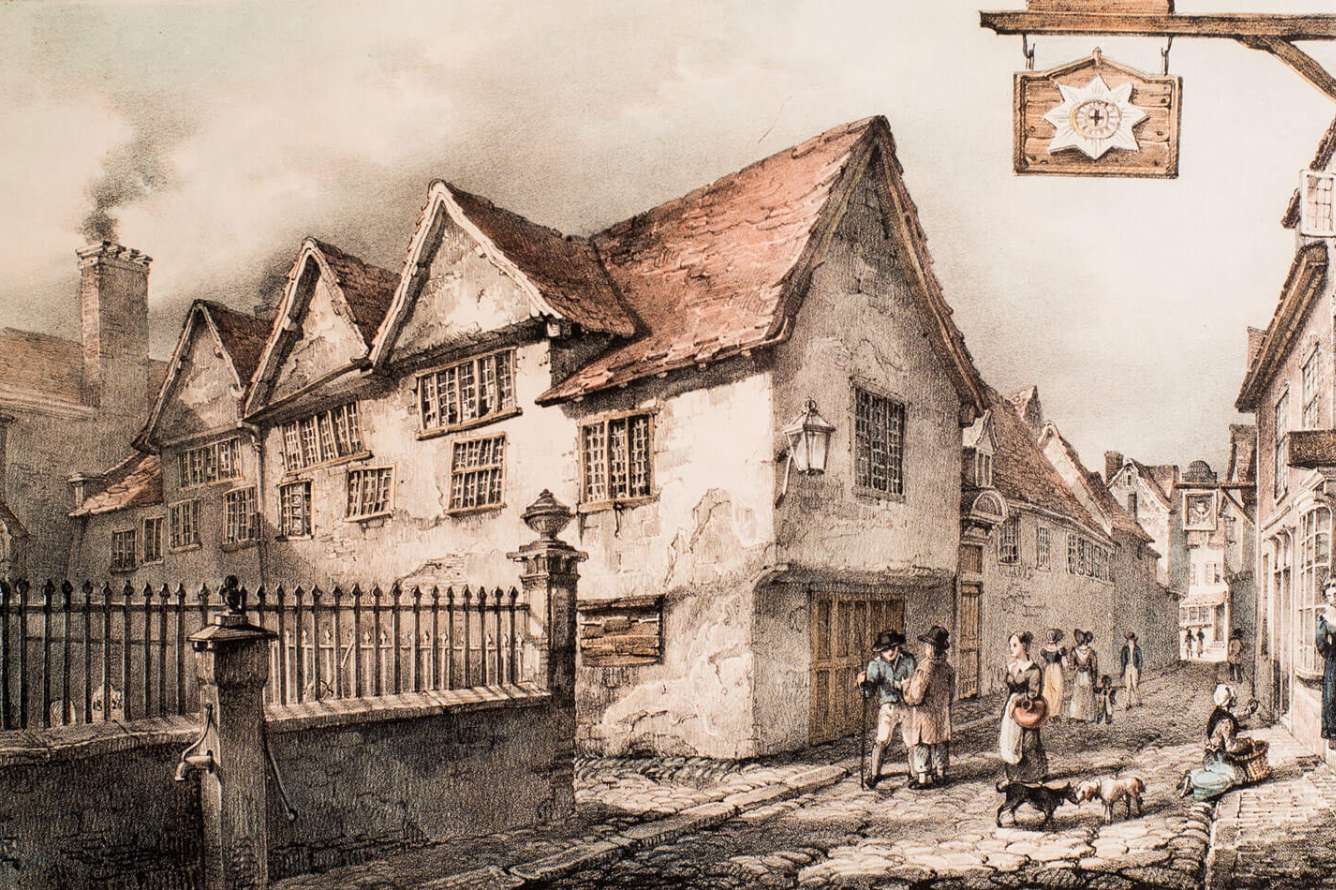 A drawing of Leicester's oldest civic building, the Guildhall, by artist John Flowers circa 1830.